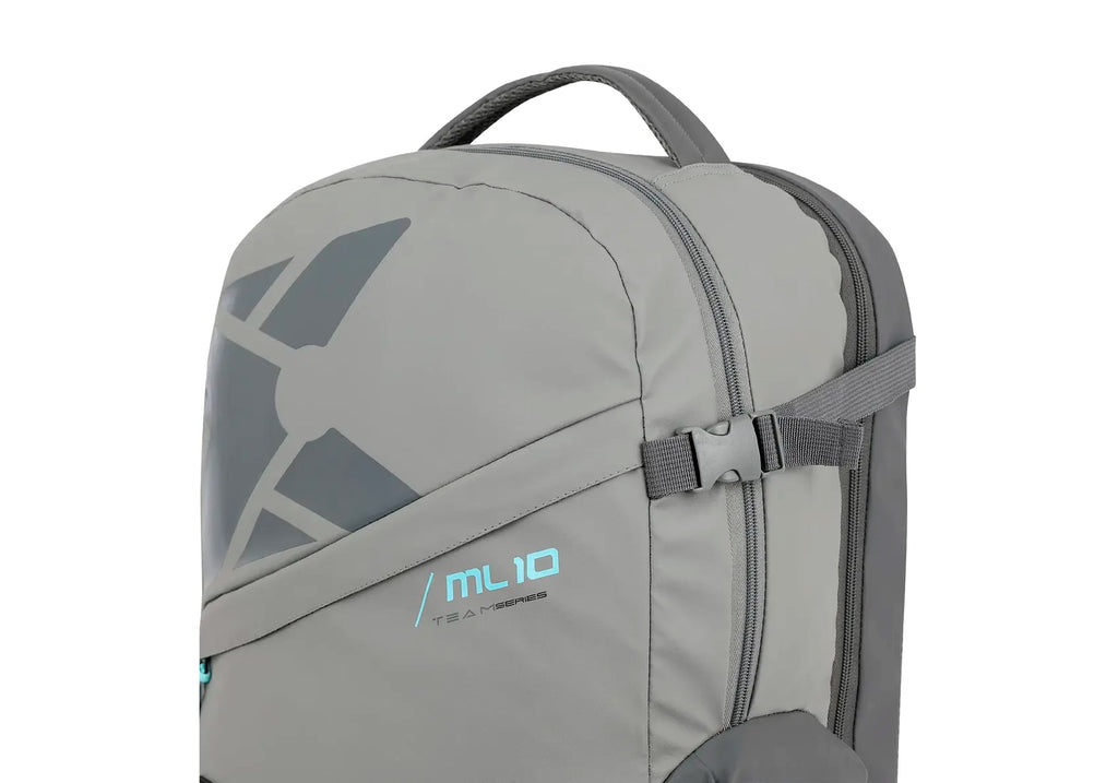 Mochila NOX ML10 Team Series Gris Azul; Mochila con vista a la izquierda y zoom en el cierre central
