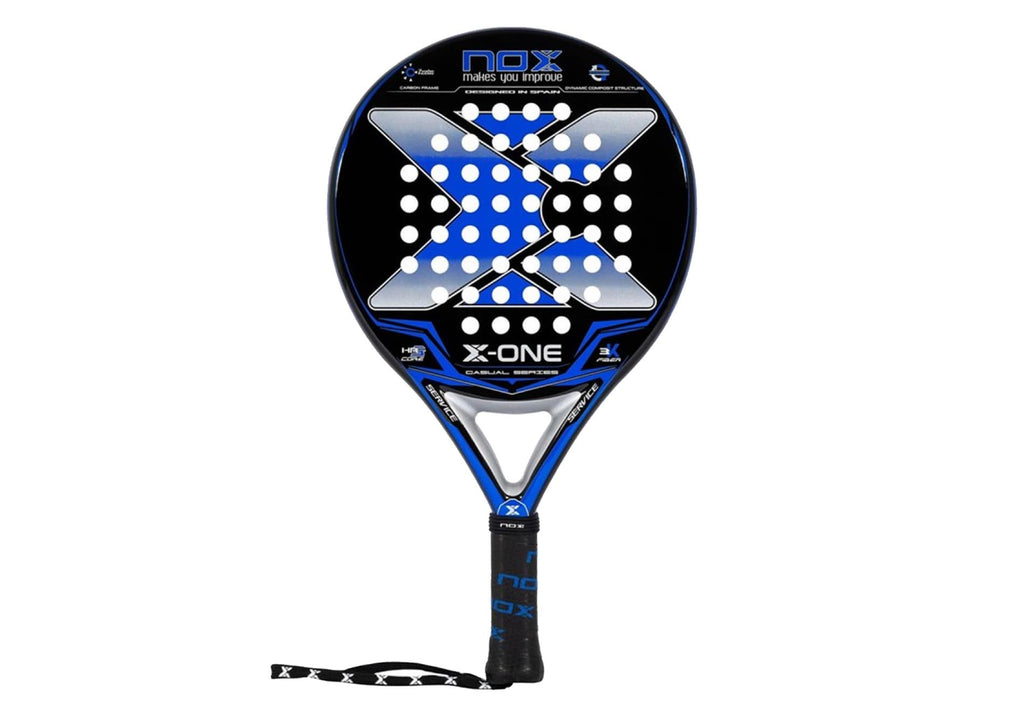 NOX X one blue; Vista de una pala de padel en color azul con negro.