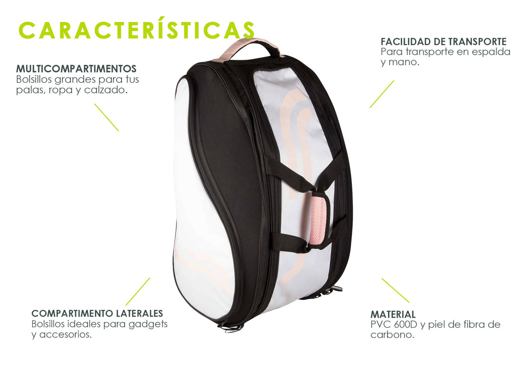 Paletero RS Classic Large White/Black/Pink; Paletereo con vista al frente de cuerpo completo con señalamiento de sus especificaciones