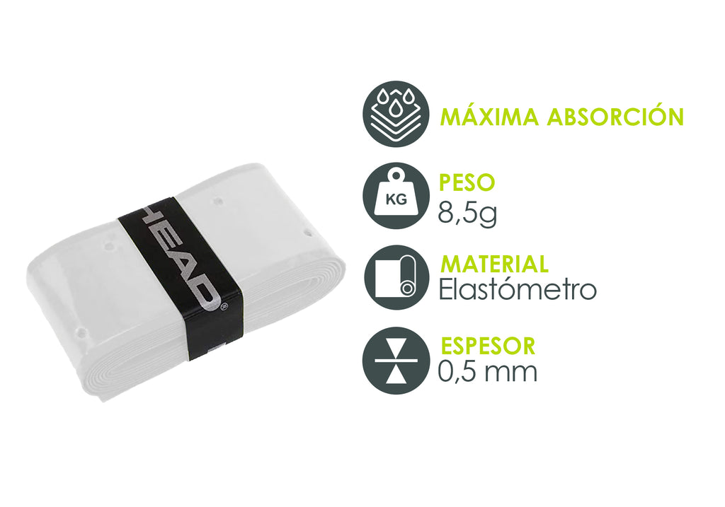 Overgrip Head Xtreme Soft Color Blanco; Overgrip con señalamiento de sus caracteristicas 