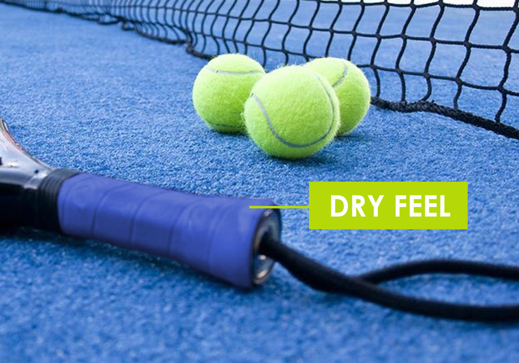 Overgrip Babolat Tour Original Comfort Dry Feel Individual Color Amarillo Neón; Con señalamiento de su absorción en la cancha aplicado sobre la pala de padel