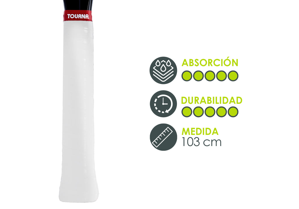 Tourna Grip Tourna Tac XL Sticky Tacky Feel Wet Feel 3 Grip on roll color Blanco; Grip con señalamiento de sus caracteristicas