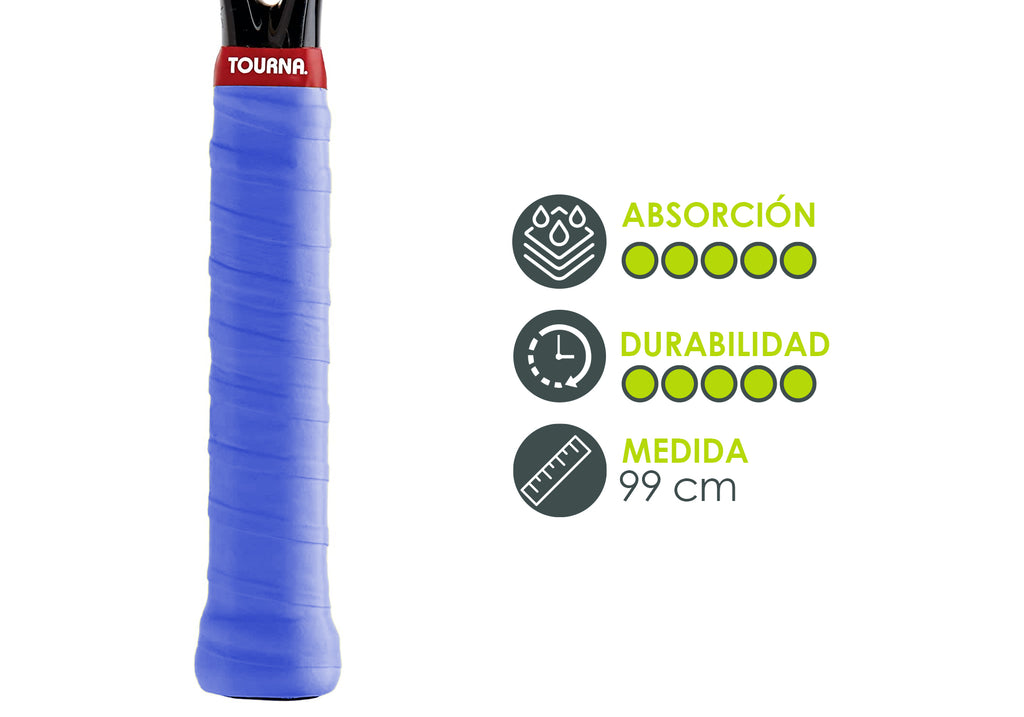 Tourna Grip XL Dry Feel 3 Grips on roll color Azul Claro: Grips con señalamiento de sus características 