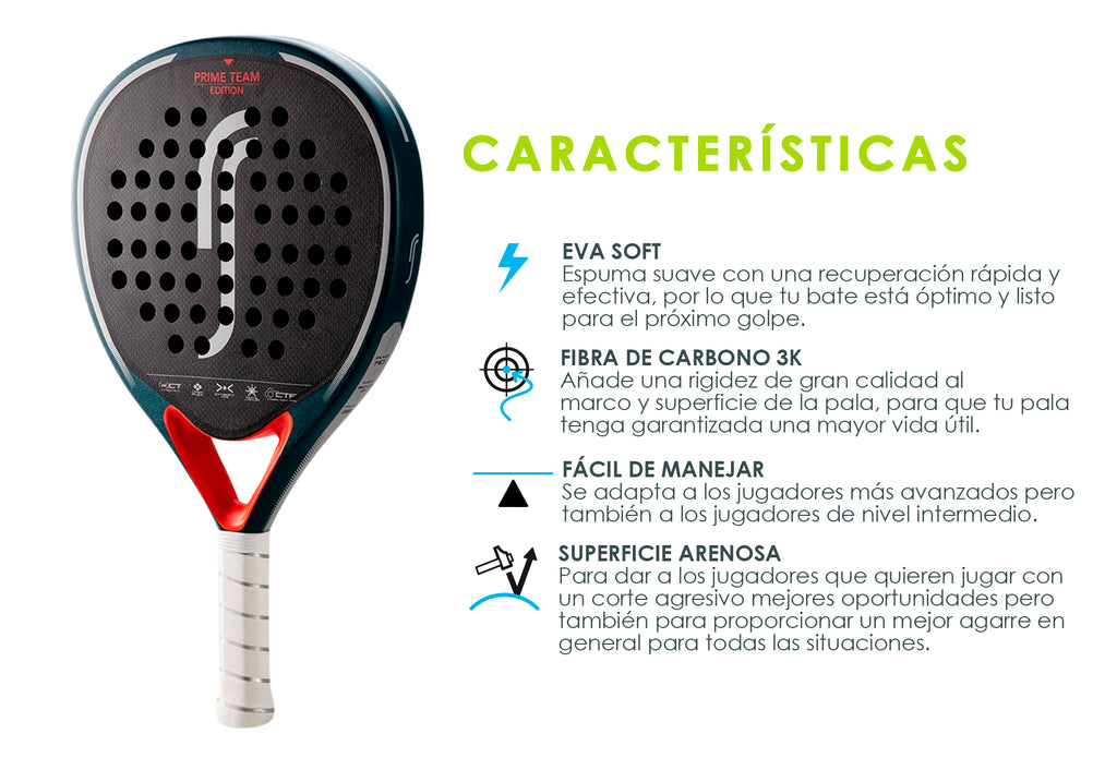 Pala Prime Team Edition, características completas con apoyo visual del cuerpo de la raqueta